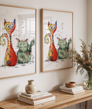 Ilustración artística colorida de dos gatos juguetones sobre fondo blanco