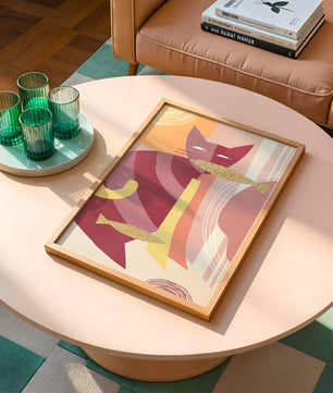 Abstract cat artwork with gold accents and colorful patterns