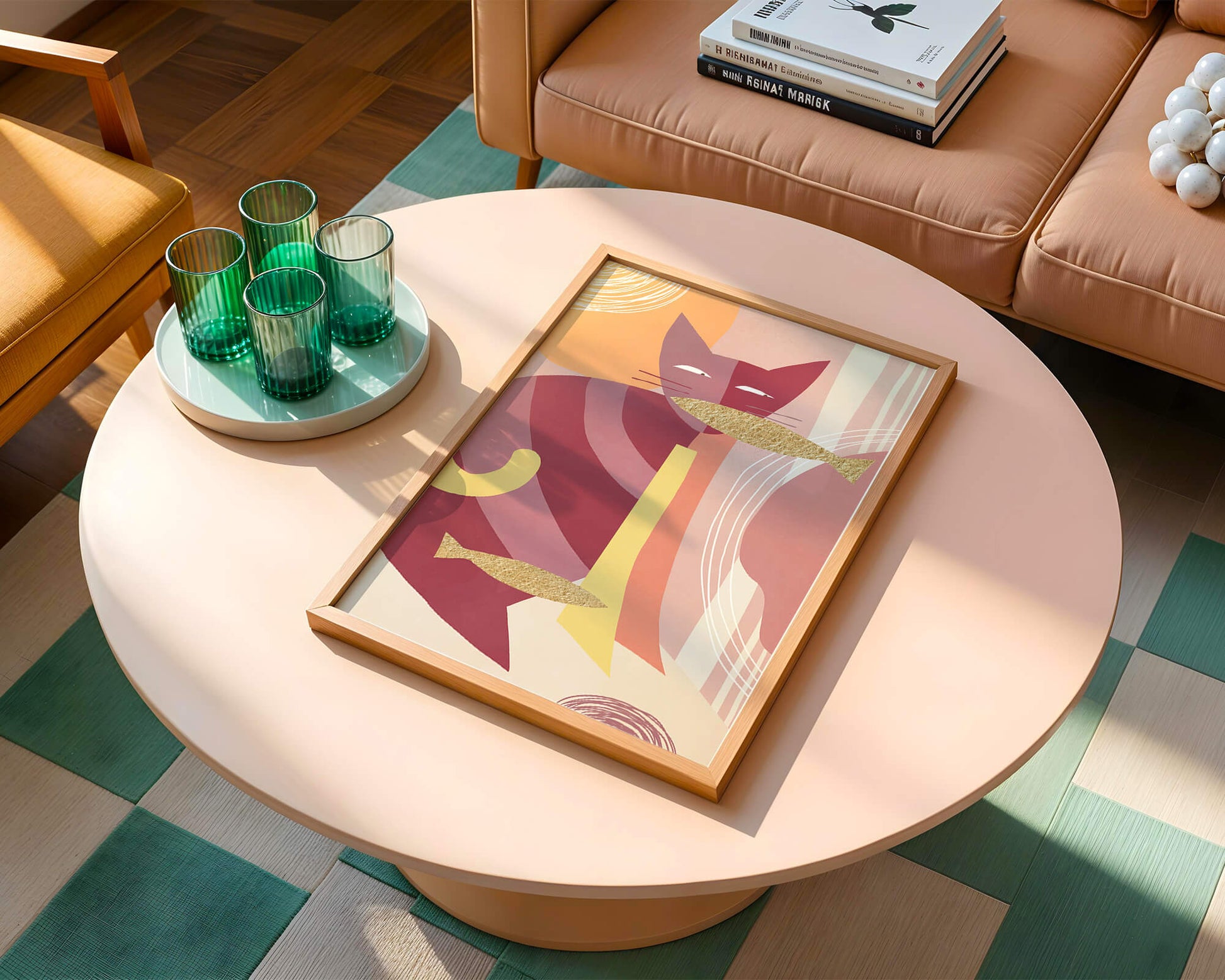 Abstract cat artwork with gold accents and colorful patterns