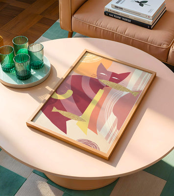 Abstract cat artwork with gold accents and colorful patterns