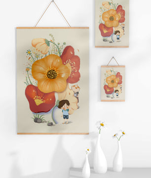 Charming Illustration of Children among Large Flowers with Playful Puppy