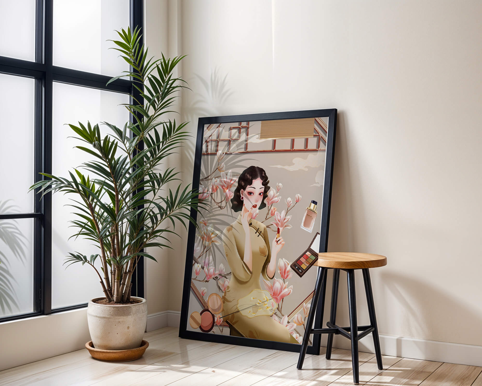 Elegant illustration of a woman with makeup and magnolia flowers