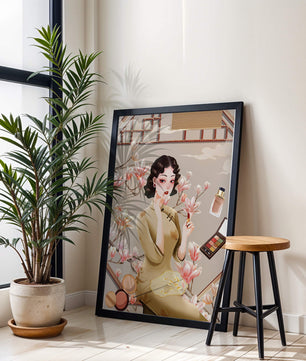 Elegant illustration of a woman with makeup and magnolia flowers