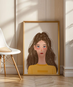 Illustrated portrait of a woman with long brown hair and expressive eyes