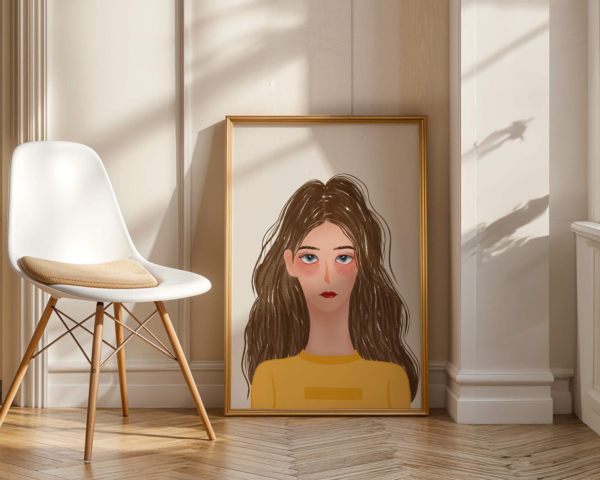 Illustrated portrait of a woman with long brown hair and expressive eyes