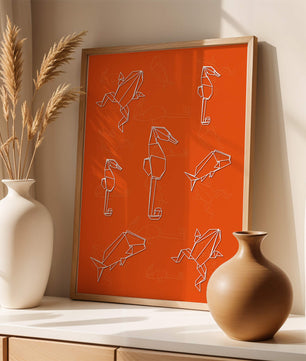 Geometrische Tiermuster auf leuchtend orangefarbenem Hintergrund
