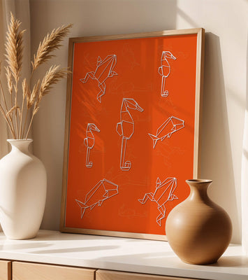Geometric animal patterns on vibrant orange background
