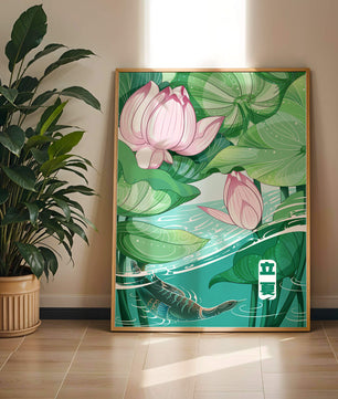 Illustration nature sereine avec fleurs de lotus et vie aquatique