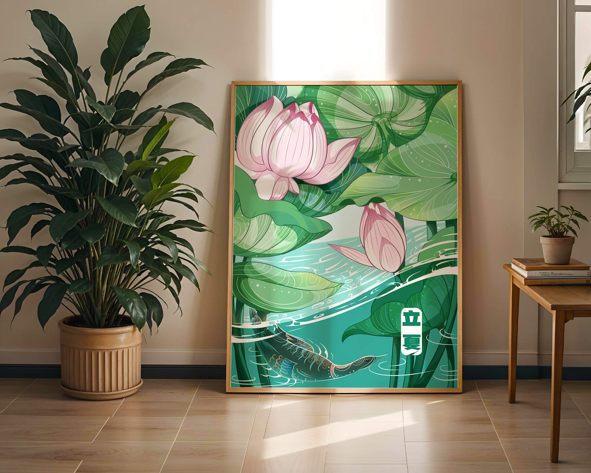 Ilustración de la naturaleza serena con flores de loto y vida acuática