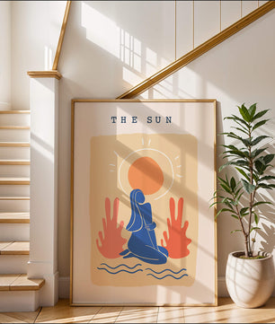 Modern abstract art poster featuring the sun and a serene figure in blue and coral tones - Mi tienda
