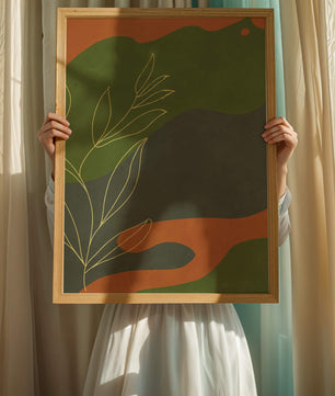 Abstrakte botanische Kunst mit Goldblatt auf buntem Hintergrund