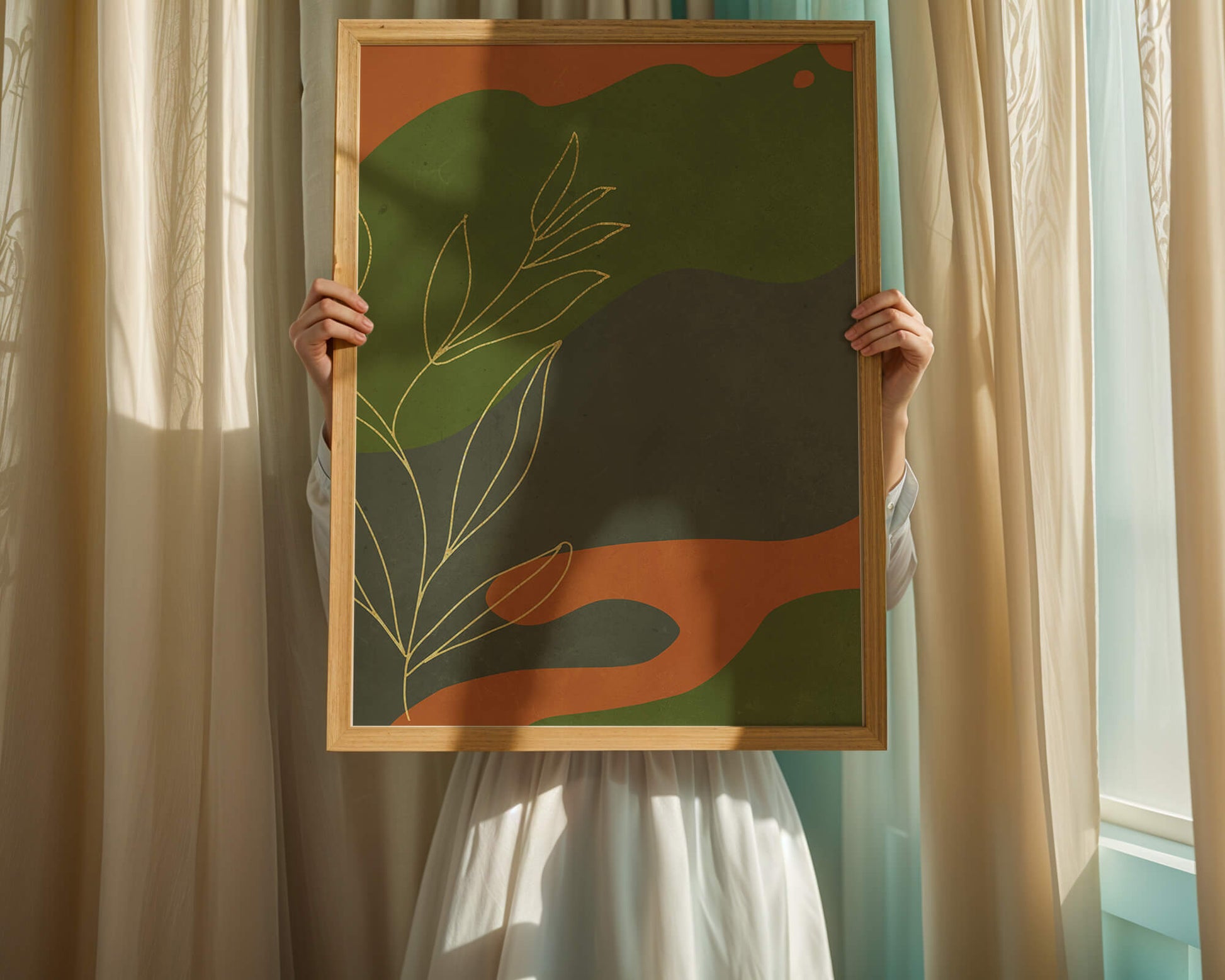 Abstrakte botanische Kunst mit Goldblatt auf buntem Hintergrund