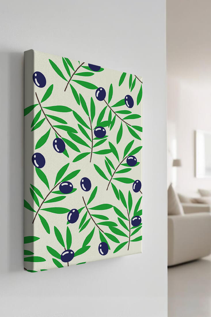 Olive branch pattern with green leaves and blue olives