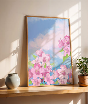 Ilustración de flores rosadas contra un cielo azul vibrante con nubes