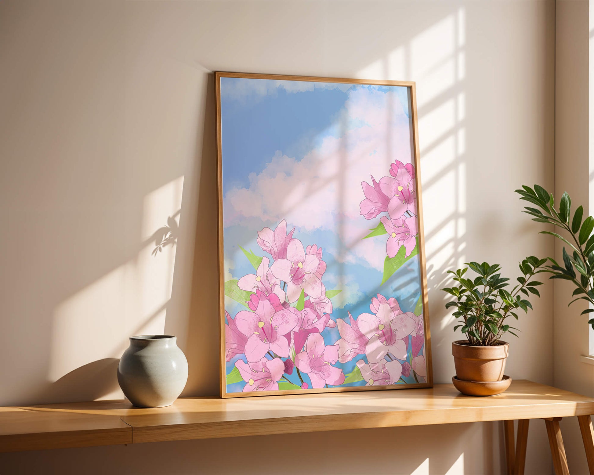 Ilustración de flores rosadas contra un cielo azul vibrante con nubes