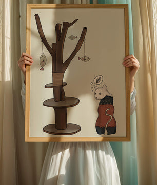 Illustration of a cat tree with a thoughtful cat in a sweater