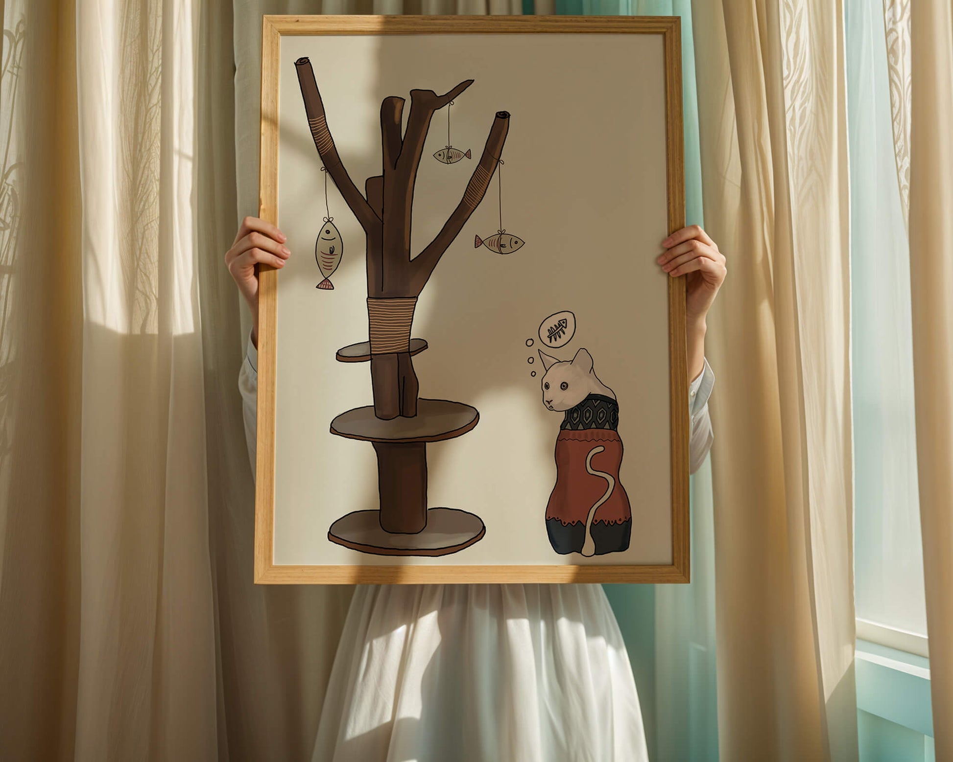 Illustration of a cat tree with a thoughtful cat in a sweater