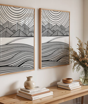 Abstract Black and White Geometric Landscape with Line Art