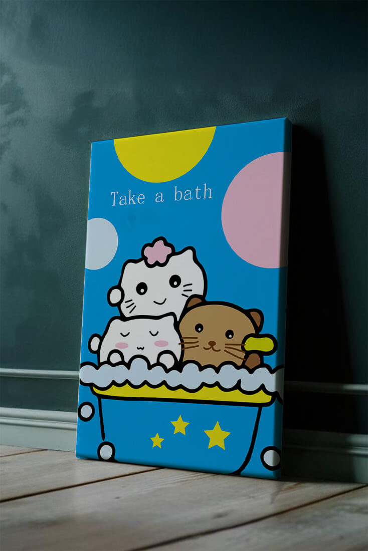 Adorable cartoon characters in a bubble bath with vibrant background