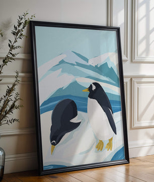 Gentoo penguins in an Antarctic landscape illustration