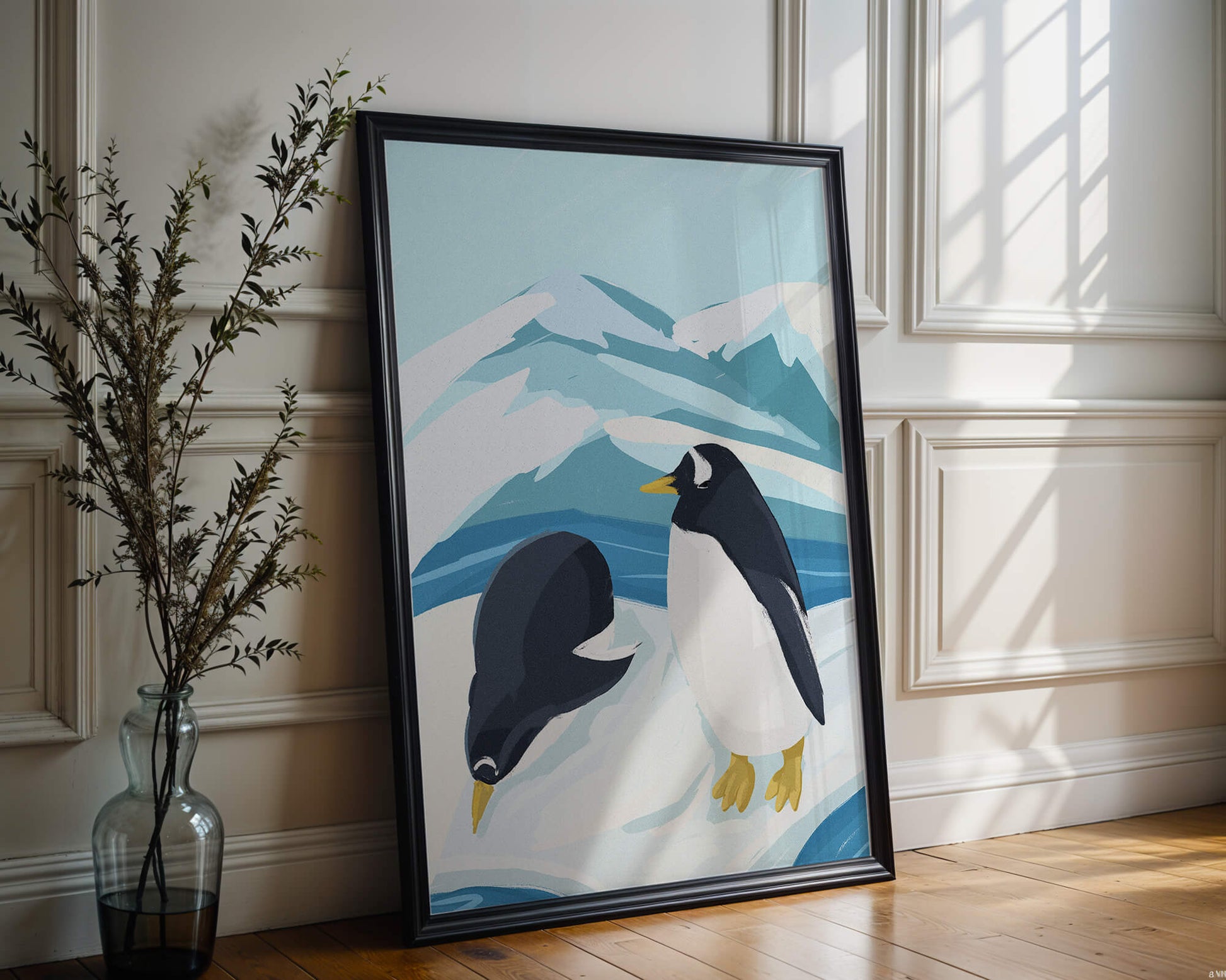 Gentoo penguins in an Antarctic landscape illustration