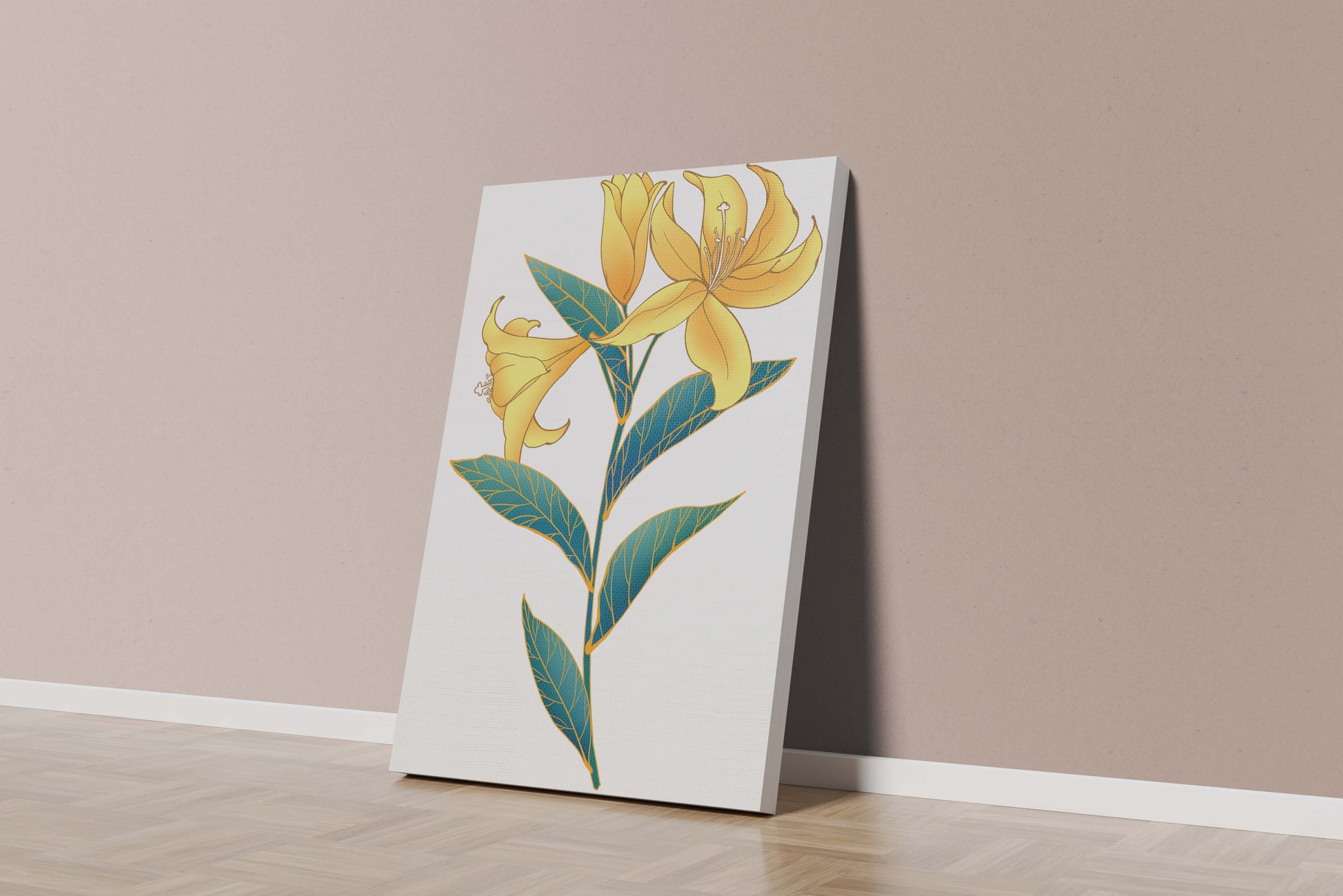 Elegant golden lily illustration with intricate leaf details