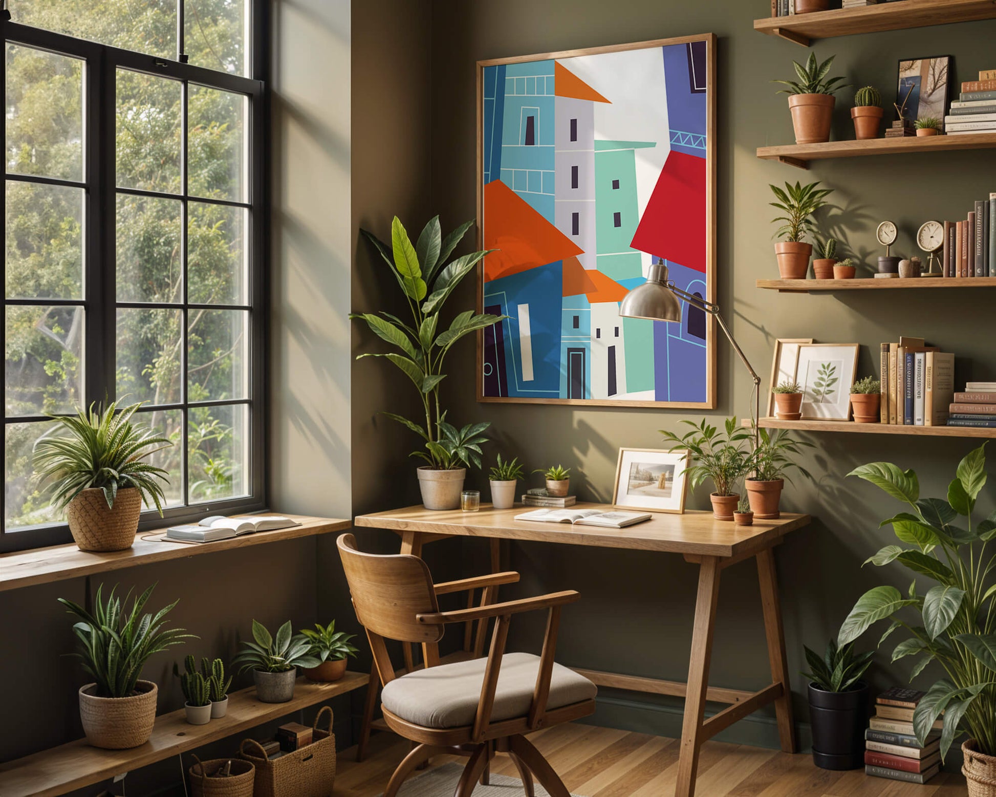 Colorful abstract cityscape with geometric buildings