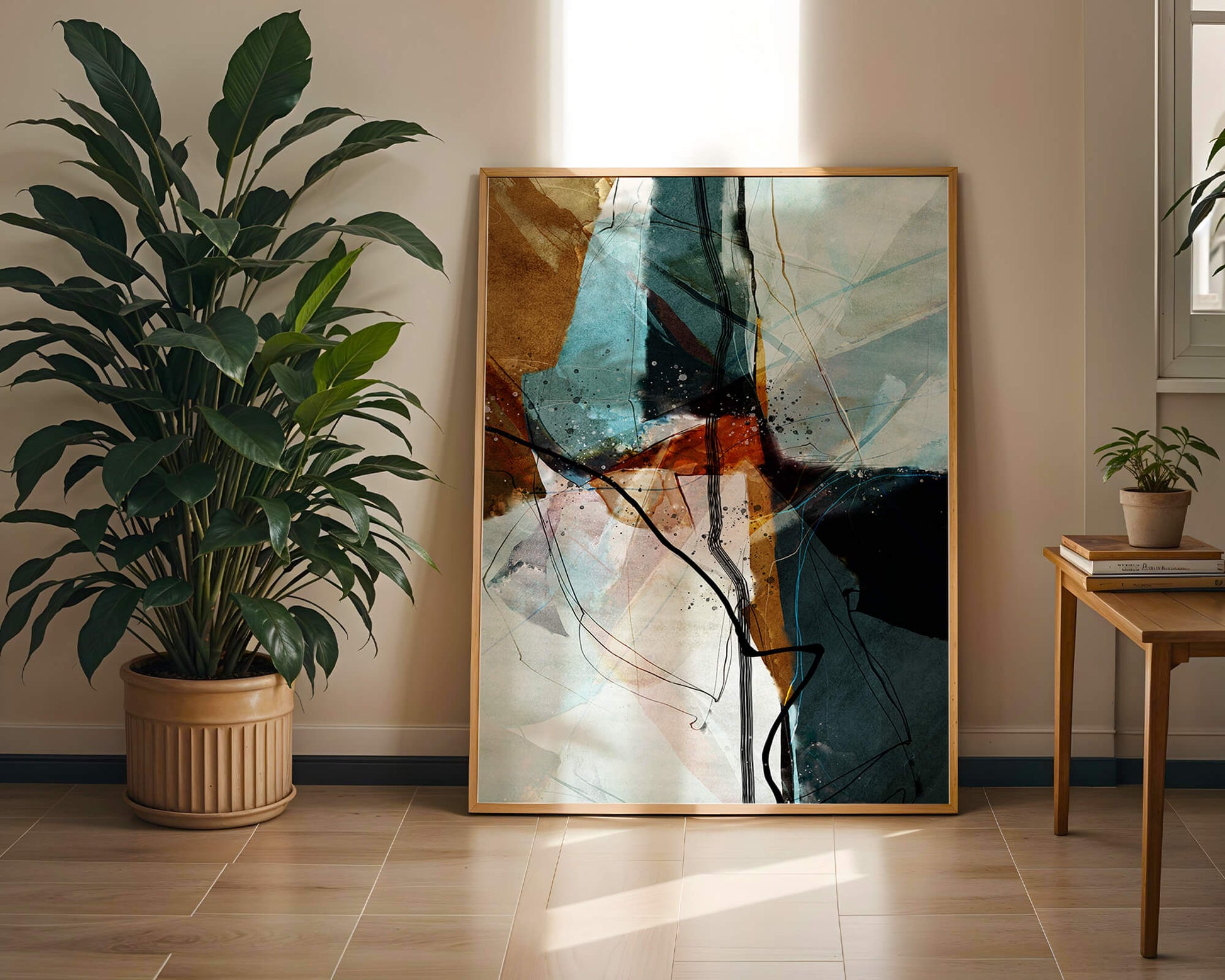 Abstract watercolor artwork with dynamic lines and colors