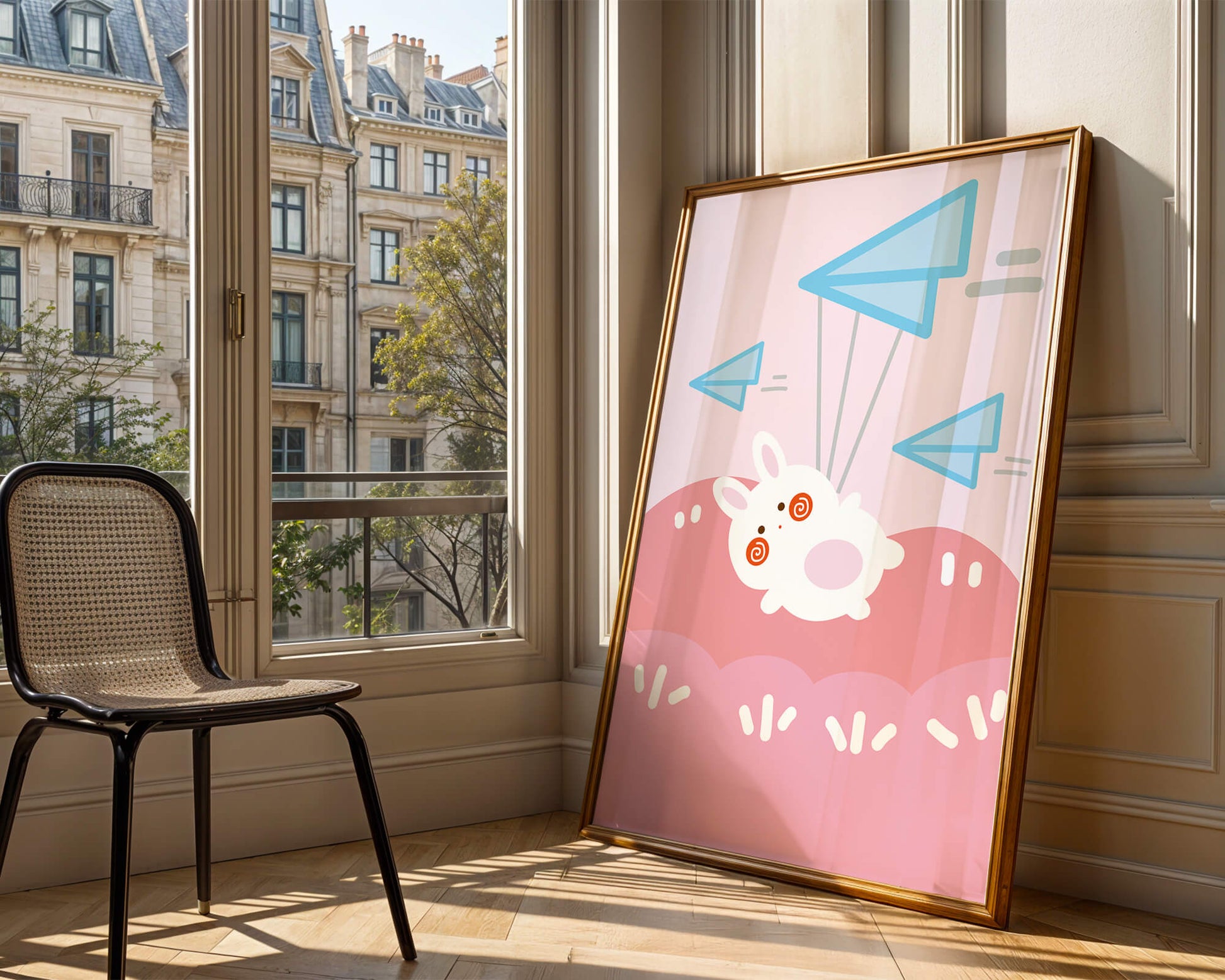 Adorable cartoon bunny flying with paper planes on a pink background