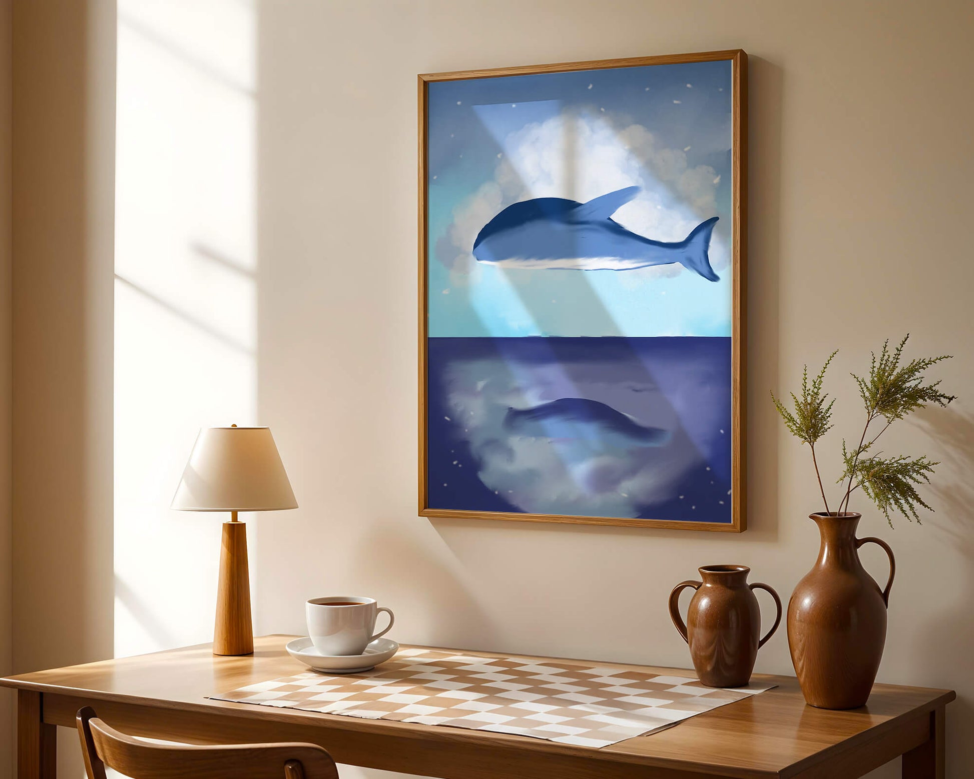 Surreal Ocean Scene with Floating Whale and Cloudy Sky Reflection