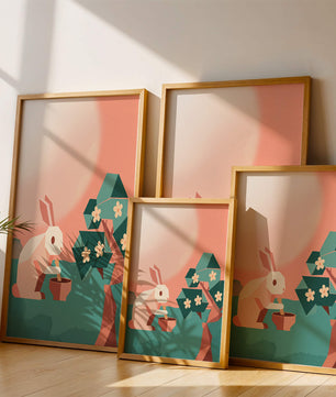 Conejo de origami abstracto con mortero y pistilo bajo un árbol en flor