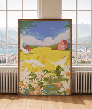 Summer Landscape with Birds and Flowers in a Pastoral Setting