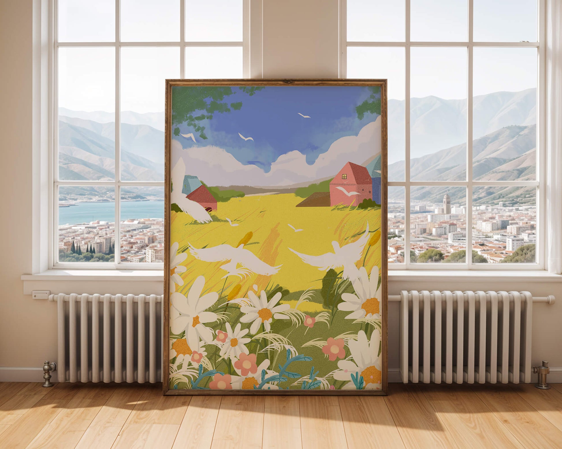 Summer Landscape with Birds and Flowers in a Pastoral Setting