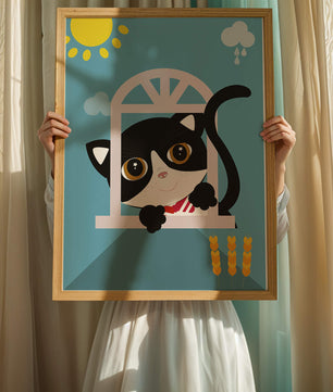 Charming black and white cat peeking through window under bright sun