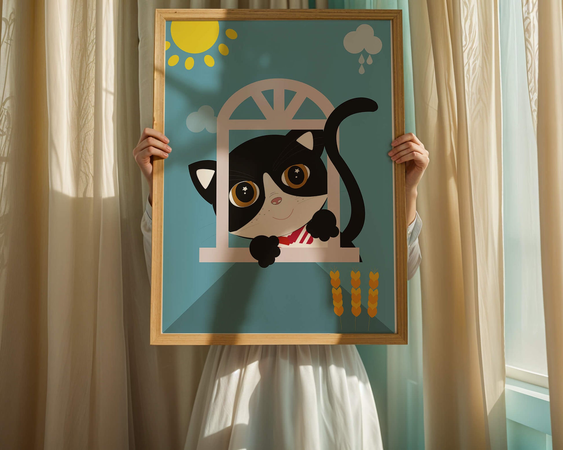 Un encantador gato blanco y negro se asoma por la ventana bajo el sol brillante.