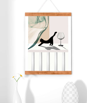 Composición abstracta con gato negro y copa de vino sobre fondo geométrico