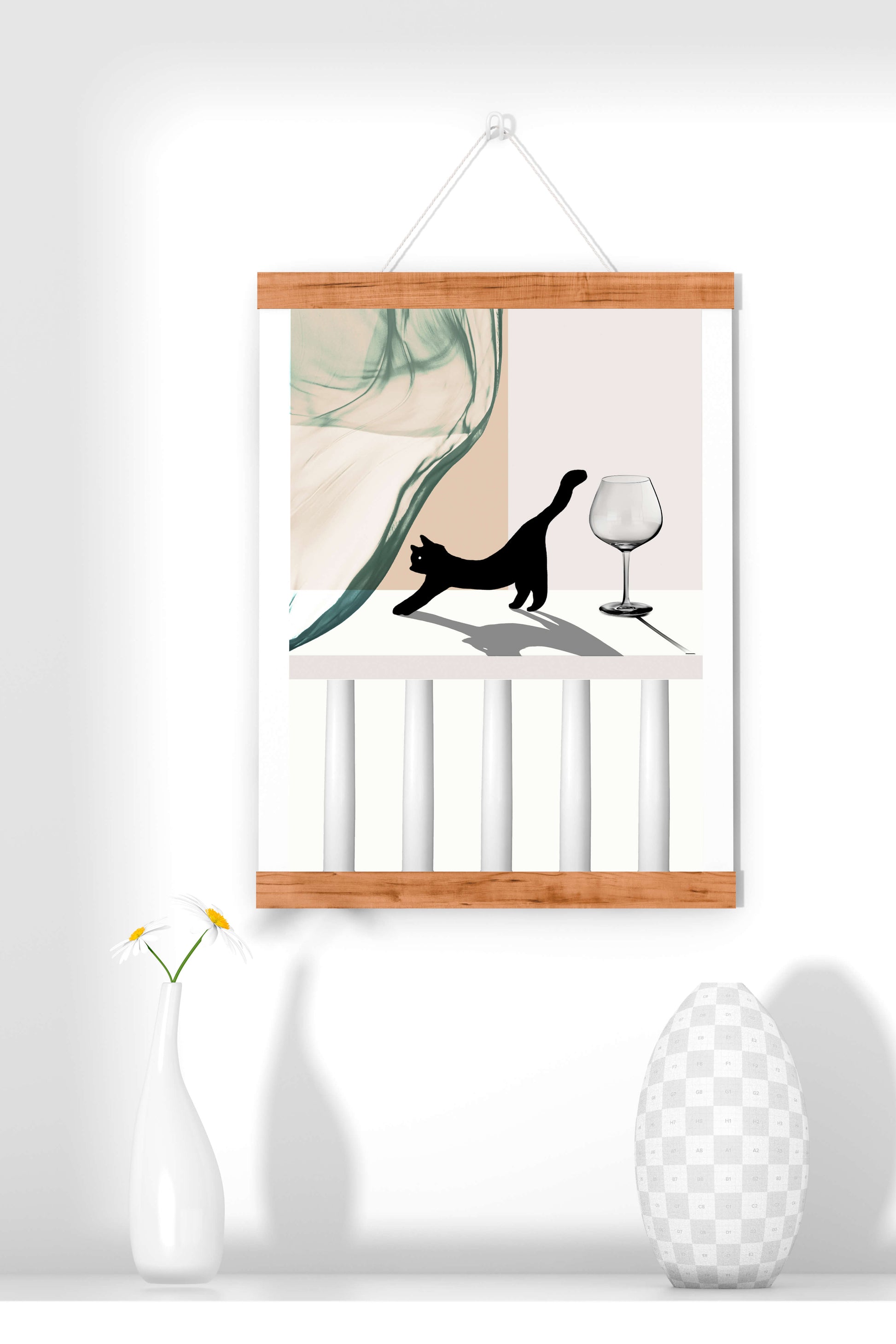 Abstract Composition with Black Cat and Wine Glass on Geometric Background