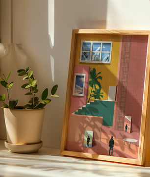 Surreale Architekturlandschaft mit tropischen Elementen und abstrakten Figuren