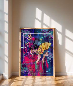 Geisha con traje futurista, elementos de neón y abanico