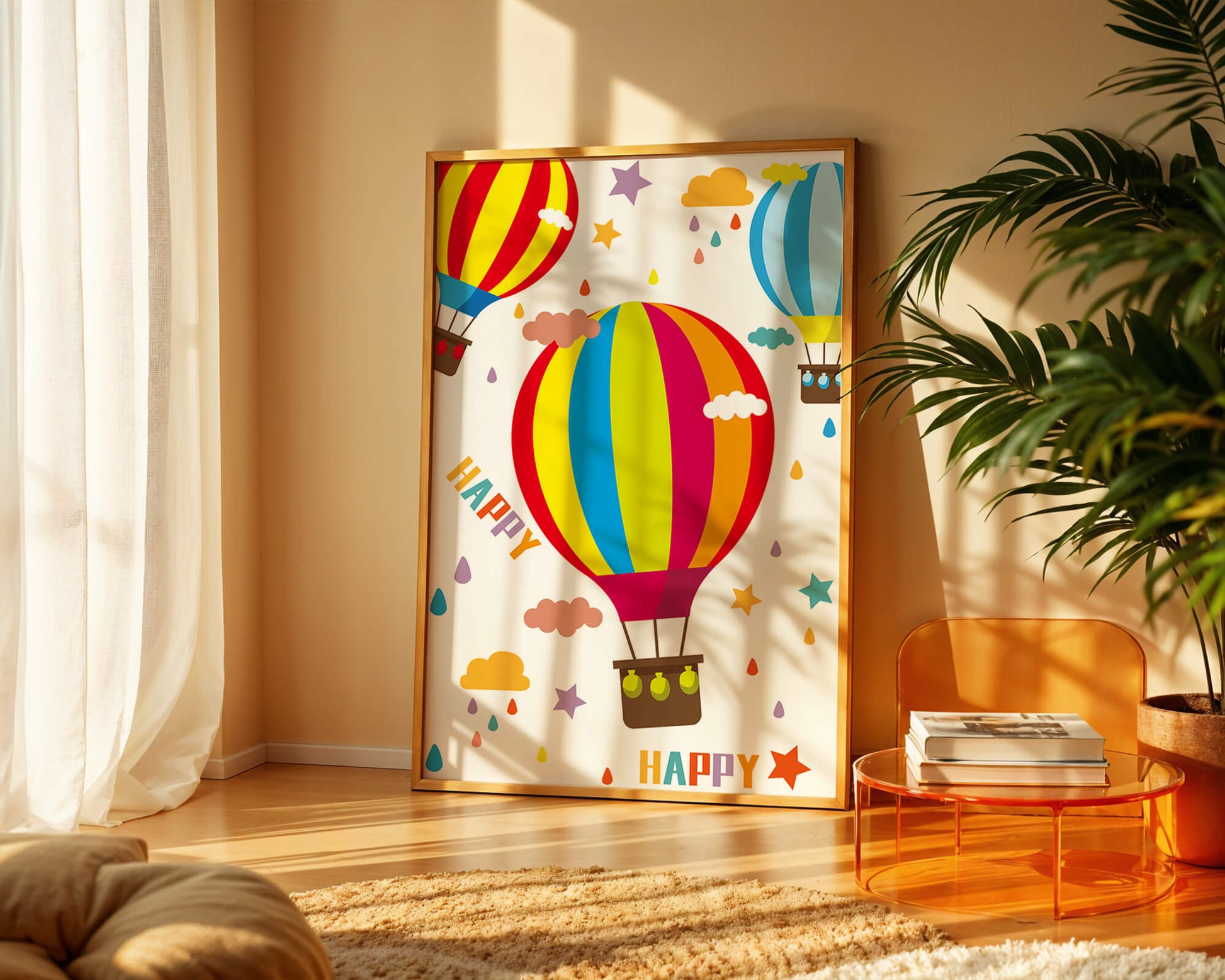 Colorful hot air balloons and happy clouds illustration