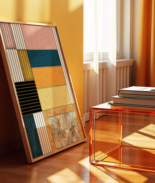 Geometric Abstract Art with Textured Blocks and Gold Accents - Mi tienda