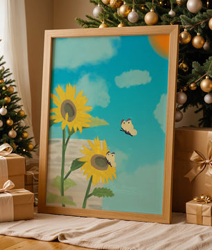 Sunflowers And Butterflies Under A Bright Blue Sky