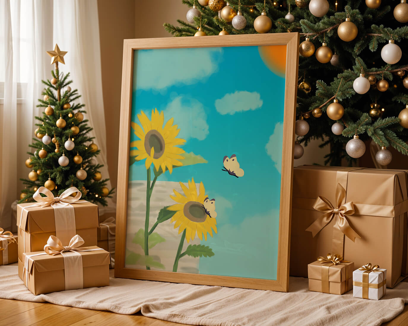 Sunflowers And Butterflies Under A Bright Blue Sky