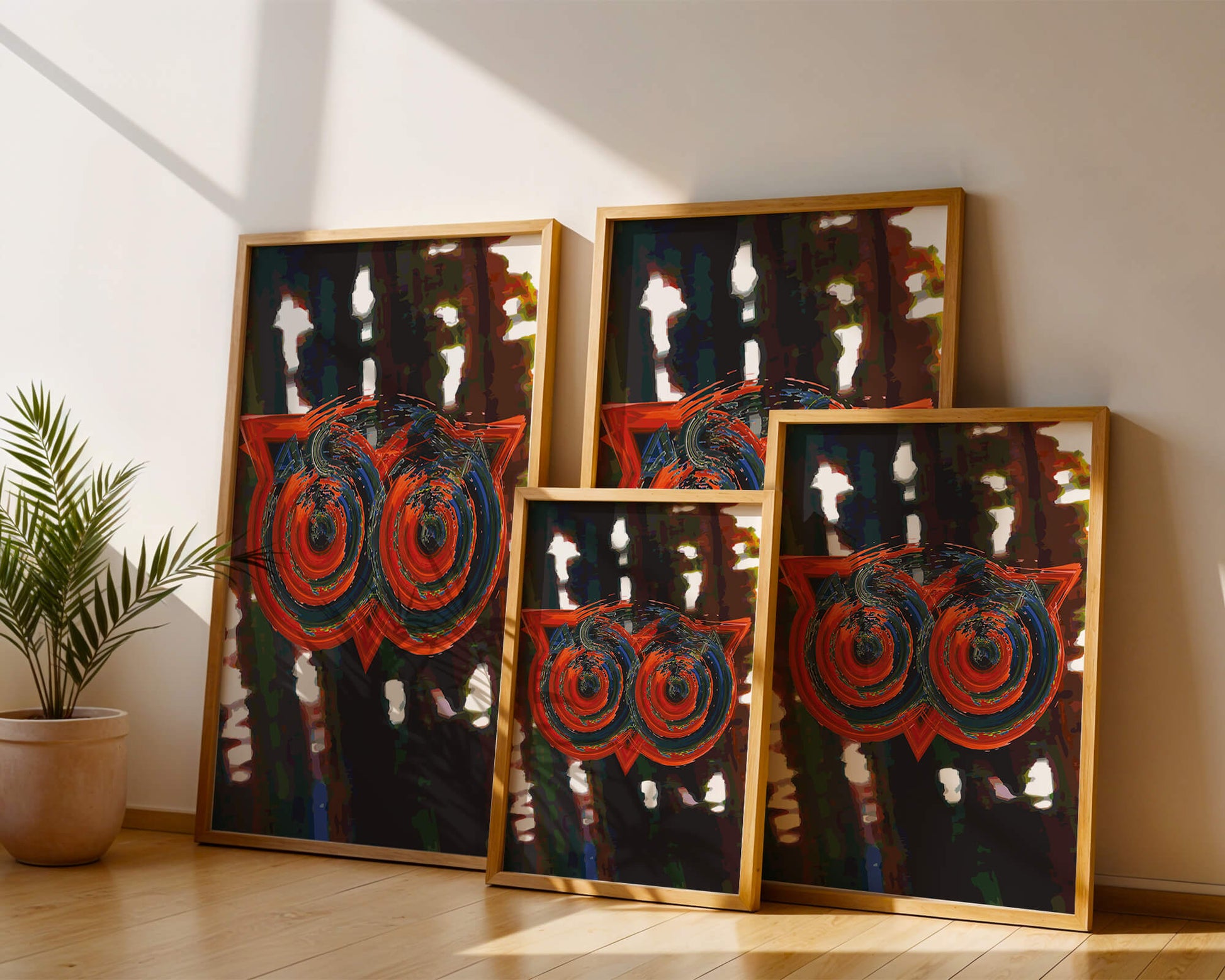 Abstract artwork featuring colorful geometric owl design