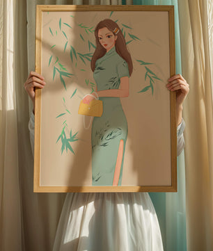 Elegant Woman in Traditional Dress Holding a Yellow Clutch with Bamboo Background