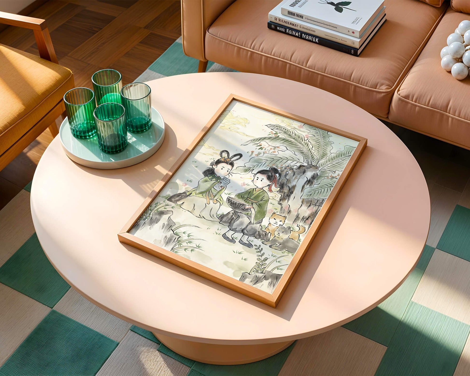 Arte asiático tradicional con dos personas y perros bajo un árbol