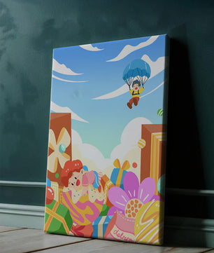 Colorful illustration with presents and children playing under a blue sky