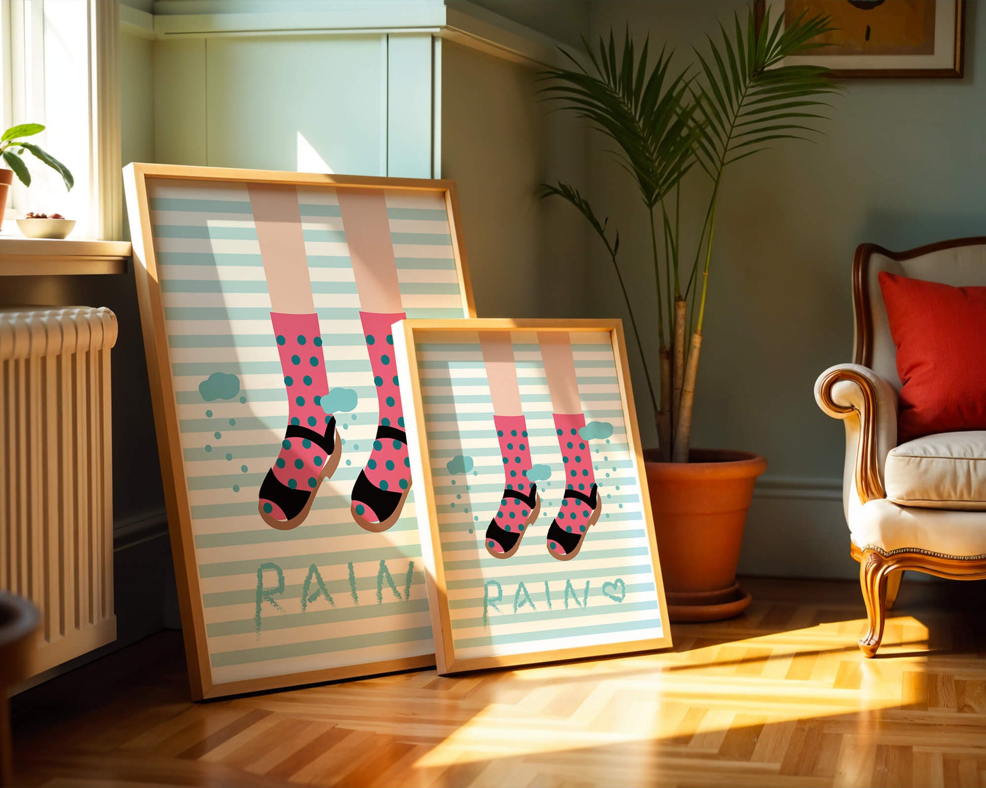 Illustration of polka dot socks and sandals on a striped background