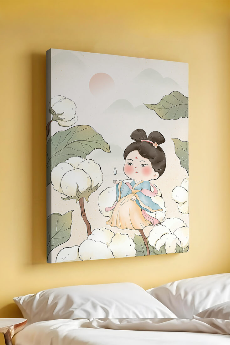 Elegant illustration of a young girl in traditional attire amid cotton plants