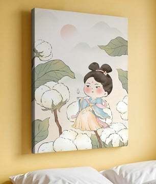 Illustration élégante d'une jeune fille en tenue traditionnelle au milieu de plants de coton